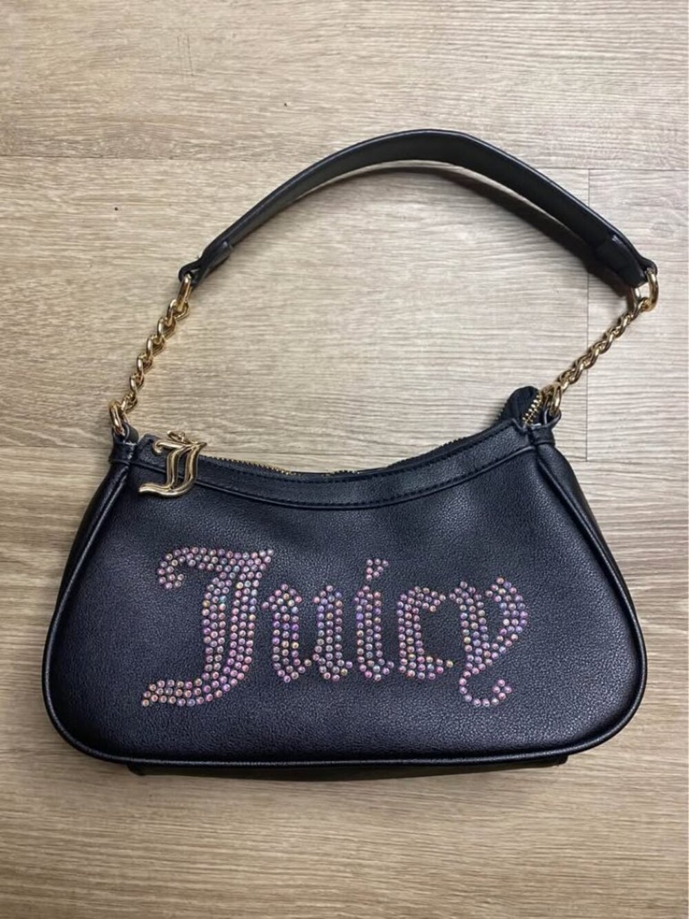 Juicy Couture Iridescent Rhinestone Shoulder Bag Gold Chain Strap Black Trim